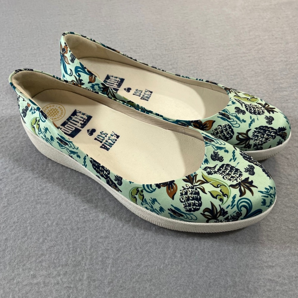 FitFlop Anna Sui Supercomff Ballet Flats Mint Green Pineapple Floral Womens 7‎